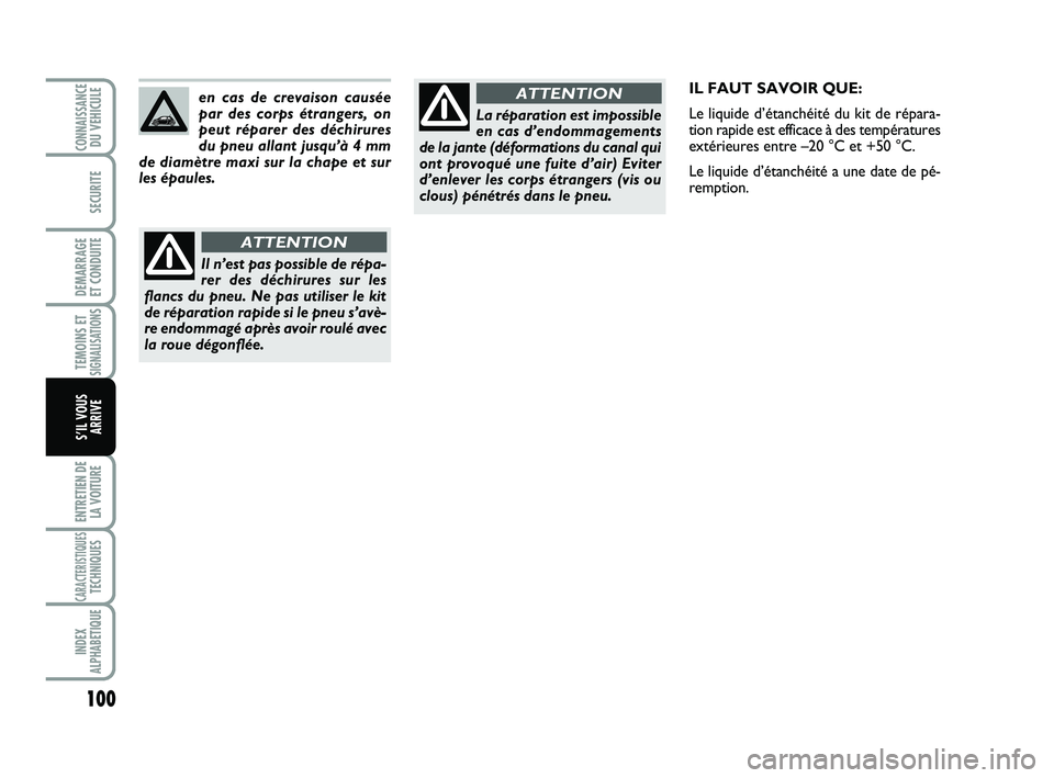 Abarth 500 2009  Notice dentretien (in French) 100
TEMOINS ETSIGNALISATION
S
ENTRETIEN DE
LA VOITURE
CARACTERISTIQUESTECHNIQUES
INDEX
ALPHABETIQUE
CONNAISSANCEDU VEHICULE
SECURITE
DEMARRAGE 
ET CONDUITE
S’IL VOUS
ARRIVE
en cas de crevaison caus