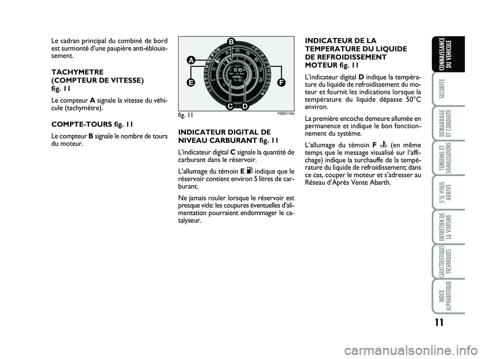 Abarth 500 2009 Notice dentretien (in French) 11
SECURITE
DEMARRAGE
ET CONDUITE
TEMOINS ETSIGNALISATION
S
S’IL VOUS
ARRIVE
ENTRETIEN DE
LA VOITURE
CARACTERISTIQUESTECHNIQUES
INDEX
ALPHABETIQUE
CONNAISSANCE
DU VEHICULE
Le cadran principal du com Abarth 500 2009 Notice dentretien (in French) 11
SECURITE
DEMARRAGE
ET CONDUITE
TEMOINS ETSIGNALISATION
S
S’IL VOUS
ARRIVE
ENTRETIEN DE
LA VOITURE
CARACTERISTIQUESTECHNIQUES
INDEX
ALPHABETIQUE
CONNAISSANCE
DU VEHICULE
Le cadran principal du com