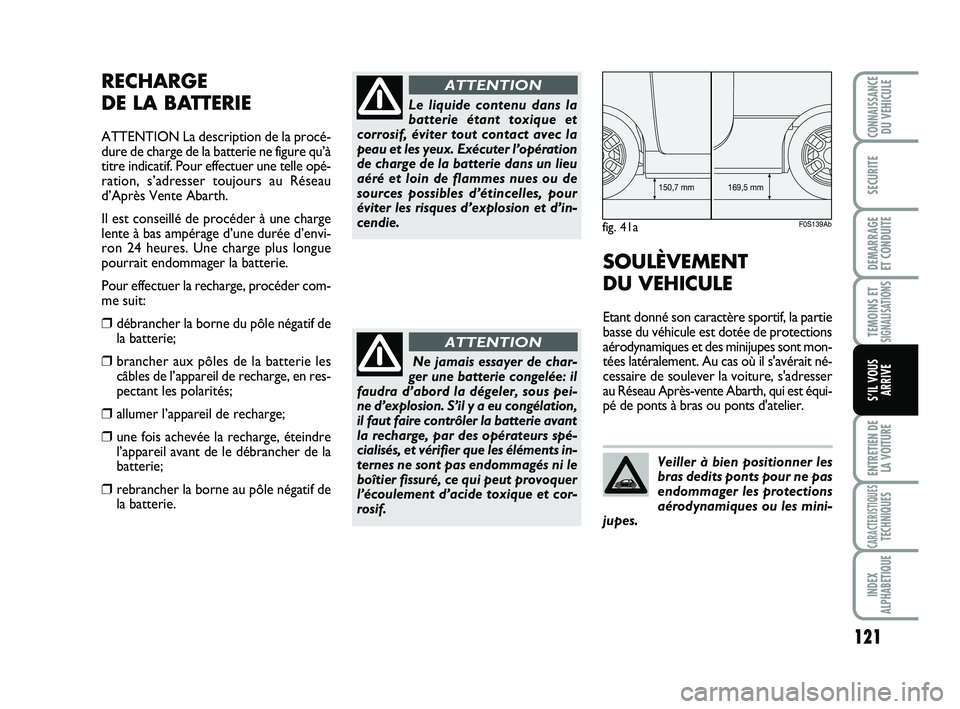 Abarth 500 2009 Notice dentretien (in French) 121
TEMOINS ETSIGNALISATION
S
ENTRETIEN DE
LA VOITURE
CARACTERISTIQUESTECHNIQUES
INDEX
ALPHABETIQUE
CONNAISSANCEDU VEHICULE
SECURITE
DEMARRAGE
ET CONDUITE
S’IL VOUS
ARRIVE
RECHARGE
DE LA BATTERIE
A Abarth 500 2009 Notice dentretien (in French) 121
TEMOINS ETSIGNALISATION
S
ENTRETIEN DE
LA VOITURE
CARACTERISTIQUESTECHNIQUES
INDEX
ALPHABETIQUE
CONNAISSANCEDU VEHICULE
SECURITE
DEMARRAGE
ET CONDUITE
S’IL VOUS
ARRIVE
RECHARGE
DE LA BATTERIE
A