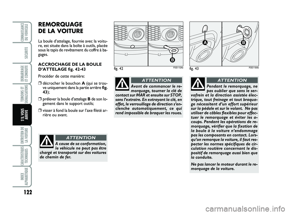 Abarth 500 2009 Notice dentretien (in French) 122
TEMOINS ETSIGNALISATION
S
ENTRETIEN DE
LA VOITURE
CARACTERISTIQUESTECHNIQUES
INDEX
ALPHABETIQUE
CONNAISSANCEDU VEHICULE
SECURITE
DEMARRAGE
ET CONDUITE
S’IL VOUS
ARRIVE
REMORQUAGE
DE LA VOITURE Abarth 500 2009 Notice dentretien (in French) 122
TEMOINS ETSIGNALISATION
S
ENTRETIEN DE
LA VOITURE
CARACTERISTIQUESTECHNIQUES
INDEX
ALPHABETIQUE
CONNAISSANCEDU VEHICULE
SECURITE
DEMARRAGE
ET CONDUITE
S’IL VOUS
ARRIVE
REMORQUAGE
DE LA VOITURE