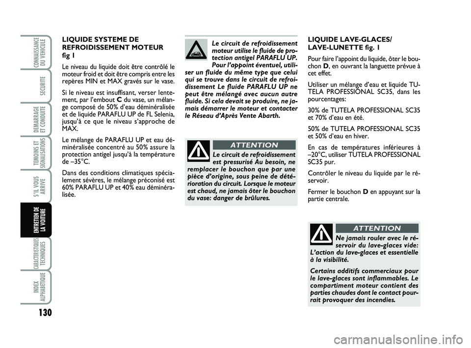 Abarth 500 2009 Notice dentretien (in French) 130
TEMOINS ETSIGNALISATION
S
CARACTERISTIQUESTECHNIQUES
INDEX
ALPHABETIQUE
CONNAISSANCEDU VEHICULE
SECURITE
DEMARRAGE
ET CONDUITE
S’IL VOUS
ARRIVE
ENTRETIEN DE
LA VOITURE
LIQUIDE LAVE-GLACES/
LAV Abarth 500 2009 Notice dentretien (in French) 130
TEMOINS ETSIGNALISATION
S
CARACTERISTIQUESTECHNIQUES
INDEX
ALPHABETIQUE
CONNAISSANCEDU VEHICULE
SECURITE
DEMARRAGE
ET CONDUITE
S’IL VOUS
ARRIVE
ENTRETIEN DE
LA VOITURE
LIQUIDE LAVE-GLACES/
LAV
