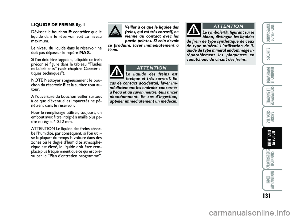 Abarth 500 2009 Notice dentretien (in French) 131
TEMOINS ETSIGNALISATION
S
CARACTERISTIQUESTECHNIQUES
INDEX
ALPHABETIQUE
CONNAISSANCEDU VEHICULE
SECURITE
DEMARRAGE
ET CONDUITE
S’IL VOUS
ARRIVE
ENTRETIEN DE
LA VOITURE
LIQUIDE DE FREINS fig. 1 Abarth 500 2009 Notice dentretien (in French) 131
TEMOINS ETSIGNALISATION
S
CARACTERISTIQUESTECHNIQUES
INDEX
ALPHABETIQUE
CONNAISSANCEDU VEHICULE
SECURITE
DEMARRAGE
ET CONDUITE
S’IL VOUS
ARRIVE
ENTRETIEN DE
LA VOITURE
LIQUIDE DE FREINS fig. 1