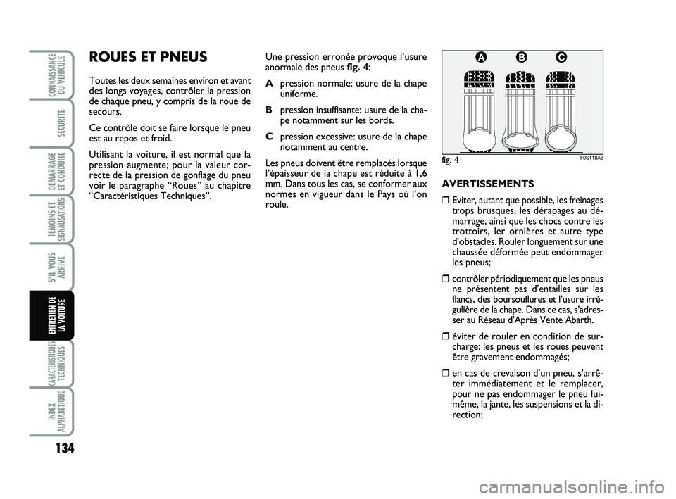 Abarth 500 2009 Notice dentretien (in French) 134
TEMOINS ETSIGNALISATION
S
CARACTERISTIQUESTECHNIQUES
INDEX
ALPHABETIQUE
CONNAISSANCEDU VEHICULE
SECURITE
DEMARRAGE
ET CONDUITE
S’IL VOUS
ARRIVE
ENTRETIEN DE
LA VOITURE
ROUES ET PNEUS
Toutes le Abarth 500 2009 Notice dentretien (in French) 134
TEMOINS ETSIGNALISATION
S
CARACTERISTIQUESTECHNIQUES
INDEX
ALPHABETIQUE
CONNAISSANCEDU VEHICULE
SECURITE
DEMARRAGE
ET CONDUITE
S’IL VOUS
ARRIVE
ENTRETIEN DE
LA VOITURE
ROUES ET PNEUS
Toutes le