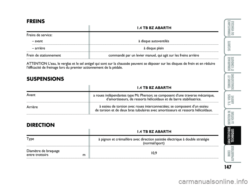 Abarth 500 2009 Notice dentretien (in French) 147
TEMOINS ETSIGNALISATION
S
INDEX
ALPHABETIQUE
CONNAISSANCEDU VEHICULE
SECURITE
DEMARRAGE
ET CONDUITE
S’IL VOUS
ARRIVE
ENTRETIEN DE
LA VOITURE
CARACTERISTIQUESTECHNIQUES
SUSPENSIONS
1.4 TB BZ AB Abarth 500 2009 Notice dentretien (in French) 147
TEMOINS ETSIGNALISATION
S
INDEX
ALPHABETIQUE
CONNAISSANCEDU VEHICULE
SECURITE
DEMARRAGE
ET CONDUITE
S’IL VOUS
ARRIVE
ENTRETIEN DE
LA VOITURE
CARACTERISTIQUESTECHNIQUES
SUSPENSIONS
1.4 TB BZ AB