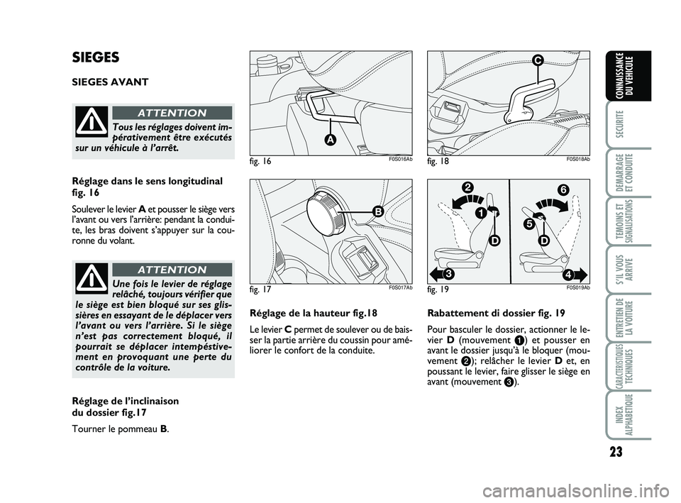 Abarth 500 2009 Notice dentretien (in French) 23
SECURITE
DEMARRAGE
ET CONDUITE
TEMOINS ETSIGNALISATION
S
S’IL VOUS
ARRIVE
ENTRETIEN DE
LA VOITURE
CARACTERISTIQUESTECHNIQUES
INDEX
ALPHABETIQUE
CONNAISSANCE
DU VEHICULE
Réglage de la hauteur fig Abarth 500 2009 Notice dentretien (in French) 23
SECURITE
DEMARRAGE
ET CONDUITE
TEMOINS ETSIGNALISATION
S
S’IL VOUS
ARRIVE
ENTRETIEN DE
LA VOITURE
CARACTERISTIQUESTECHNIQUES
INDEX
ALPHABETIQUE
CONNAISSANCE
DU VEHICULE
Réglage de la hauteur fig