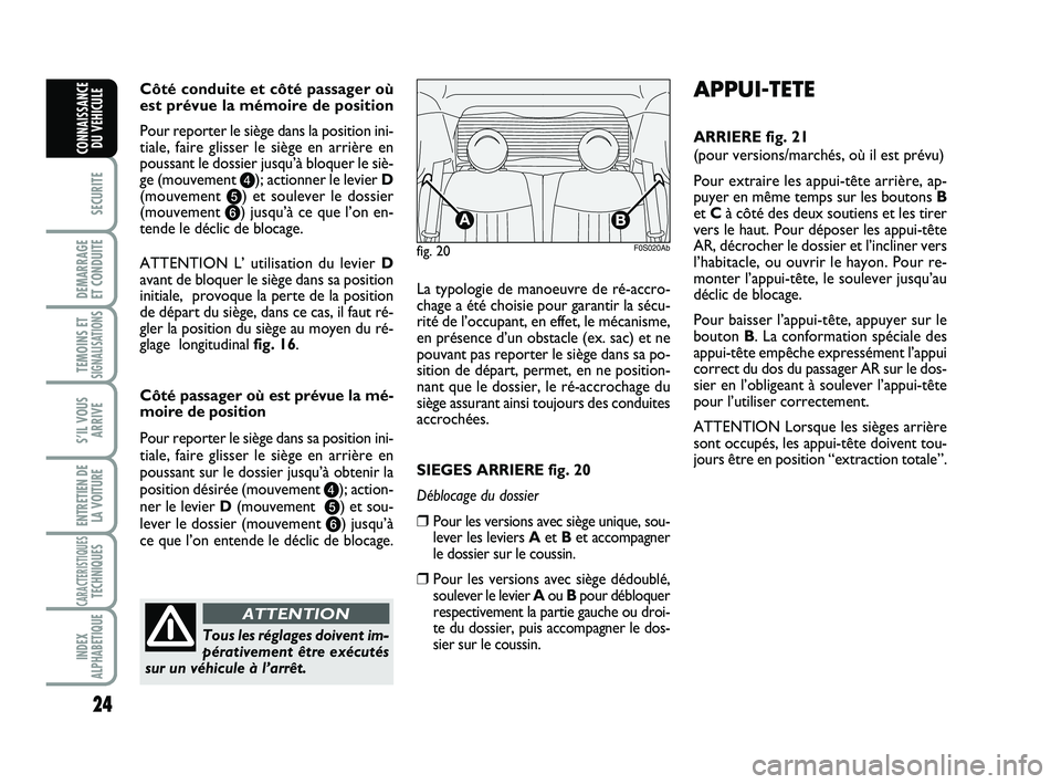 Abarth 500 2009 Notice dentretien (in French) 24
SECURITE
DEMARRAGE
ET CONDUITE
TEMOINS ETSIGNALISATION
S
S’IL VOUS
ARRIVE
ENTRETIEN DE
LA VOITURE
CARACTERISTIQUESTECHNIQUES
INDEX
ALPHABETIQUE
CONNAISSANCE
DU VEHICULE
Côté conduite et côté Abarth 500 2009 Notice dentretien (in French) 24
SECURITE
DEMARRAGE
ET CONDUITE
TEMOINS ETSIGNALISATION
S
S’IL VOUS
ARRIVE
ENTRETIEN DE
LA VOITURE
CARACTERISTIQUESTECHNIQUES
INDEX
ALPHABETIQUE
CONNAISSANCE
DU VEHICULE
Côté conduite et côté