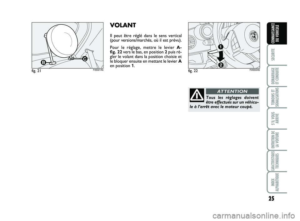 Abarth 500 2009  Notice dentretien (in French) 25
SECURITE
DEMARRAGE
ET CONDUITE
TEMOINS ETSIGNALISATION
S
S’IL VOUS
ARRIVE
ENTRETIEN DE
LA VOITURE
CARACTERISTIQUESTECHNIQUES
INDEX
ALPHABETIQUE
CONNAISSANCE
DU VEHICULE
Tous les réglages doivent