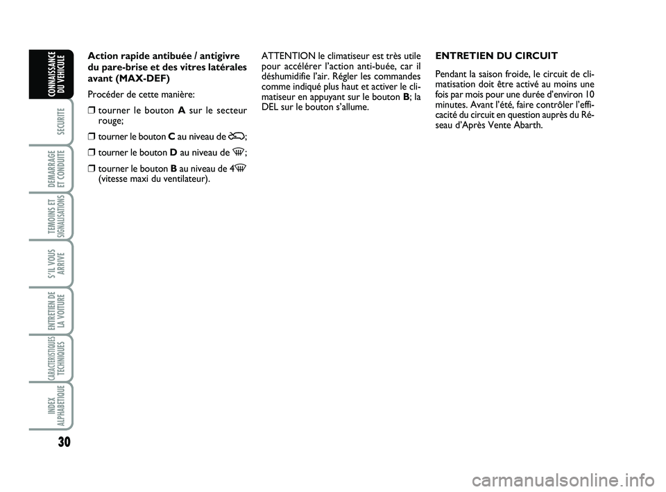 Abarth 500 2009 Notice dentretien (in French) 30
SECURITE
DEMARRAGE
ET CONDUITE
TEMOINS ETSIGNALISATION
S
S’IL VOUS
ARRIVE
ENTRETIEN DE
LA VOITURE
CARACTERISTIQUESTECHNIQUES
INDEX
ALPHABETIQUE
CONNAISSANCE
DU VEHICULE
Action rapide antibuée / Abarth 500 2009 Notice dentretien (in French) 30
SECURITE
DEMARRAGE
ET CONDUITE
TEMOINS ETSIGNALISATION
S
S’IL VOUS
ARRIVE
ENTRETIEN DE
LA VOITURE
CARACTERISTIQUESTECHNIQUES
INDEX
ALPHABETIQUE
CONNAISSANCE
DU VEHICULE
Action rapide antibuée /