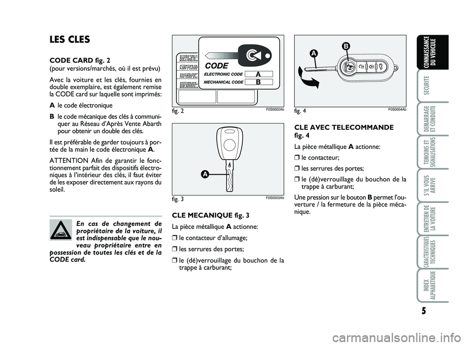 Abarth 500 2009 Notice dentretien (in French) CLE AVEC TELECOMMANDE
fig. 4
La pièce métallique Aactionne:
❒le contacteur;
❒les serrures des portes;
❒le (dé)verrouillage du bouchon de la
trappe à carburant;
Une pression sur le bouton Bp Abarth 500 2009 Notice dentretien (in French) CLE AVEC TELECOMMANDE
fig. 4
La pièce métallique Aactionne:
❒le contacteur;
❒les serrures des portes;
❒le (dé)verrouillage du bouchon de la
trappe à carburant;
Une pression sur le bouton Bp