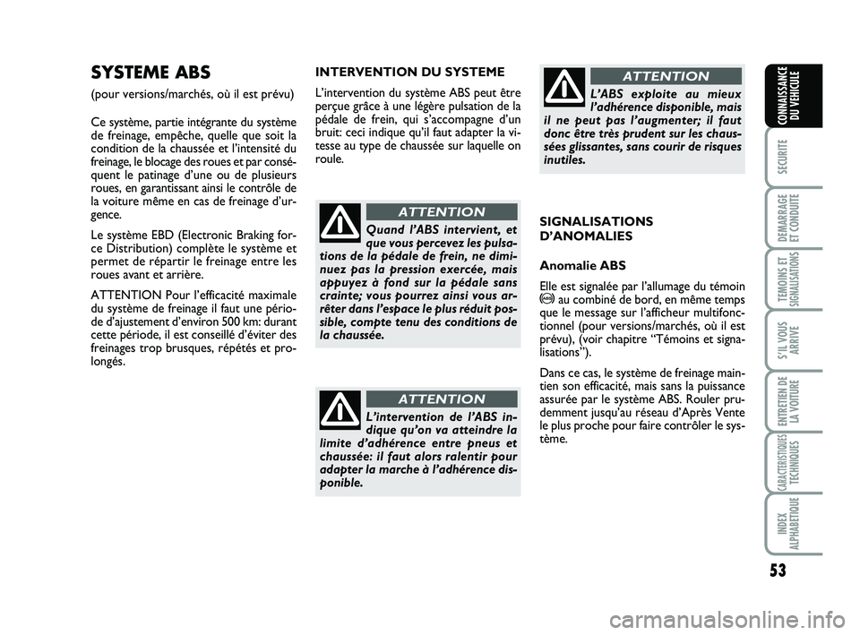 Abarth 500 2009 Notice dentretien (in French) 53
SECURITE
DEMARRAGE
ET CONDUITE
TEMOINS ETSIGNALISATION
S
S’IL VOUS
ARRIVE
ENTRETIEN DE
LA VOITURE
CARACTERISTIQUESTECHNIQUES
INDEX
ALPHABETIQUE
CONNAISSANCE
DU VEHICULE
INTERVENTION DU SYSTEME
L Abarth 500 2009 Notice dentretien (in French) 53
SECURITE
DEMARRAGE
ET CONDUITE
TEMOINS ETSIGNALISATION
S
S’IL VOUS
ARRIVE
ENTRETIEN DE
LA VOITURE
CARACTERISTIQUESTECHNIQUES
INDEX
ALPHABETIQUE
CONNAISSANCE
DU VEHICULE
INTERVENTION DU SYSTEME
L