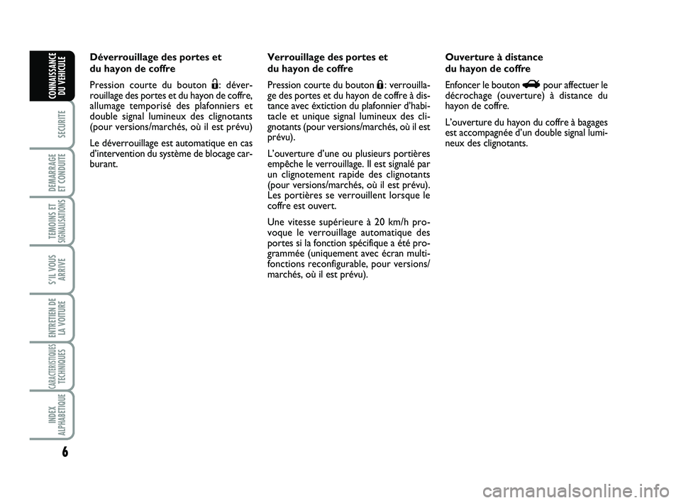 Abarth 500 2009 Notice dentretien (in French) 6
SECURITE
DEMARRAGE
ET CONDUITE
TEMOINS ETSIGNALISATION
S
S’IL VOUS
ARRIVE
ENTRETIEN DE
LA VOITURE
CARACTERISTIQUESTECHNIQUES
INDEX
ALPHABETIQUE
CONNAISSANCE
DU VEHICULE
Déverrouillage des portes Abarth 500 2009 Notice dentretien (in French) 6
SECURITE
DEMARRAGE
ET CONDUITE
TEMOINS ETSIGNALISATION
S
S’IL VOUS
ARRIVE
ENTRETIEN DE
LA VOITURE
CARACTERISTIQUESTECHNIQUES
INDEX
ALPHABETIQUE
CONNAISSANCE
DU VEHICULE
Déverrouillage des portes