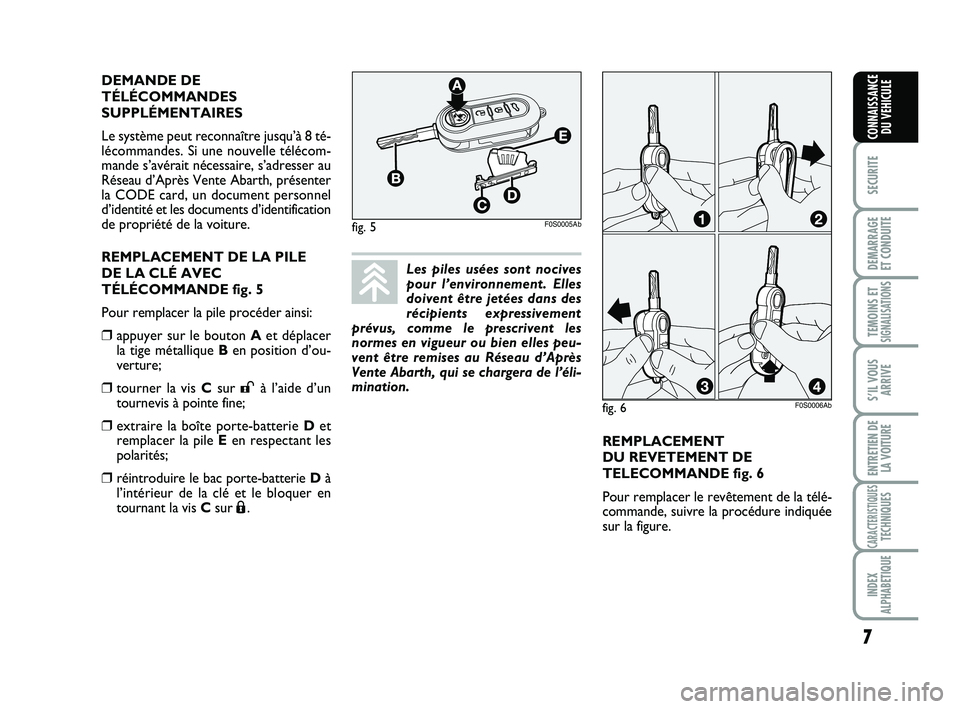 Abarth 500 2009 Notice dentretien (in French) REMPLACEMENT
DU REVETEMENT DE
TELECOMMANDE fig. 6
Pour remplacer le revêtement de la télé-
commande, suivre la procédure indiquée
sur la figure. DEMANDE DE
TÉLÉCOMMANDES
SUPPLÉMENTAIRES
Le s Abarth 500 2009 Notice dentretien (in French) REMPLACEMENT
DU REVETEMENT DE
TELECOMMANDE fig. 6
Pour remplacer le revêtement de la télé-
commande, suivre la procédure indiquée
sur la figure. DEMANDE DE
TÉLÉCOMMANDES
SUPPLÉMENTAIRES
Le s