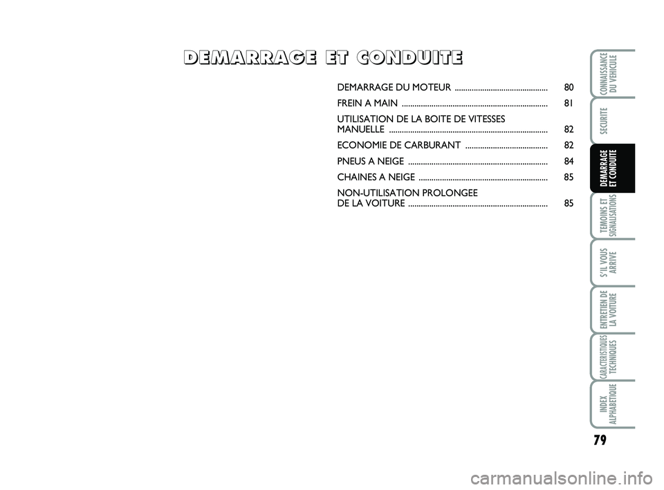 Abarth 500 2009 Notice dentretien (in French) 79
TEMOINS ETSIGNALISATION
S
S’IL VOUS
ARRIVE
ENTRETIEN DE
LA VOITURE
CARACTERISTIQUESTECHNIQUES
INDEX
ALPHABETIQUE
CONNAISSANCEDU VEHICULE
SECURITE
DEMARRAGE
ET CONDUITE
DEMARRAGE DU MOTEUR ...... Abarth 500 2009 Notice dentretien (in French) 79
TEMOINS ETSIGNALISATION
S
S’IL VOUS
ARRIVE
ENTRETIEN DE
LA VOITURE
CARACTERISTIQUESTECHNIQUES
INDEX
ALPHABETIQUE
CONNAISSANCEDU VEHICULE
SECURITE
DEMARRAGE
ET CONDUITE
DEMARRAGE DU MOTEUR ......