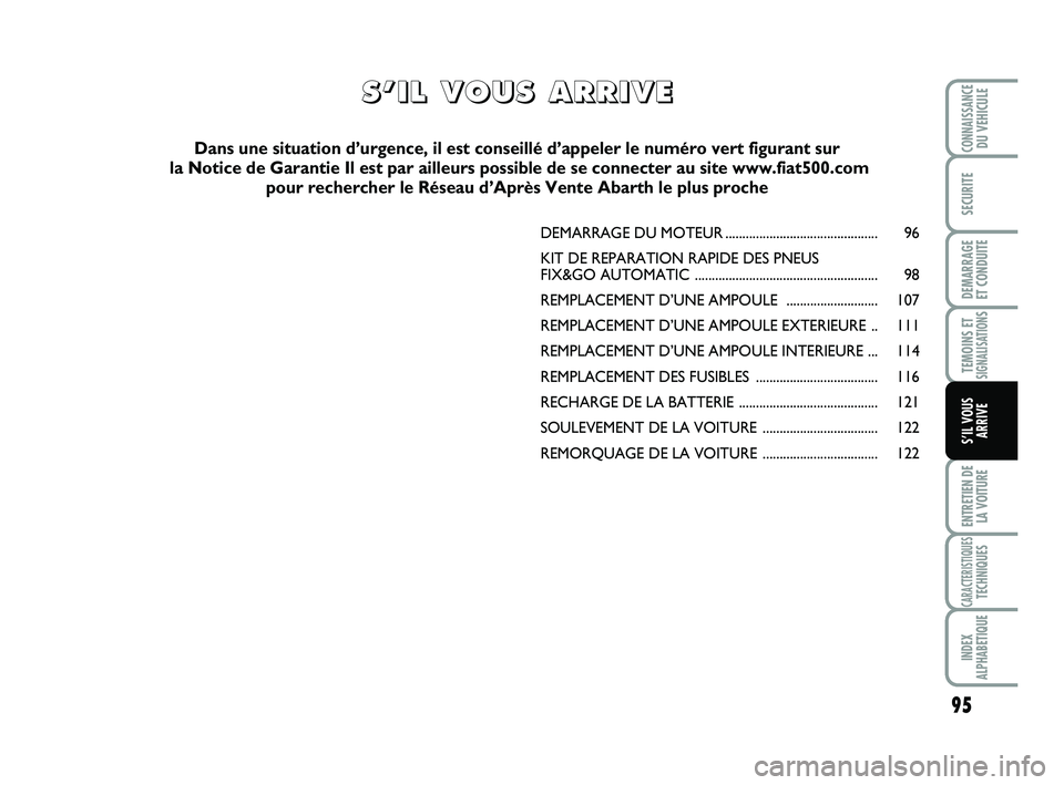 Abarth 500 2009 Notice dentretien (in French) 95
TEMOINS ETSIGNALISATION
S
ENTRETIEN DE
LA VOITURE
CARACTERISTIQUESTECHNIQUES
INDEX
ALPHABETIQUE
CONNAISSANCEDU VEHICULE
SECURITE
DEMARRAGE
ET CONDUITE
S’IL VOUS
ARRIVE
DEMARRAGE DU MOTEUR....... Abarth 500 2009 Notice dentretien (in French) 95
TEMOINS ETSIGNALISATION
S
ENTRETIEN DE
LA VOITURE
CARACTERISTIQUESTECHNIQUES
INDEX
ALPHABETIQUE
CONNAISSANCEDU VEHICULE
SECURITE
DEMARRAGE
ET CONDUITE
S’IL VOUS
ARRIVE
DEMARRAGE DU MOTEUR.......