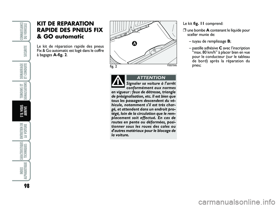 Abarth 500 2009  Notice dentretien (in French) 98
TEMOINS ETSIGNALISATION
S
ENTRETIEN DE
LA VOITURE
CARACTERISTIQUESTECHNIQUES
INDEX
ALPHABETIQUE
CONNAISSANCEDU VEHICULE
SECURITE
DEMARRAGE 
ET CONDUITE
S’IL VOUS
ARRIVE
fig. 2F0S079Ab
KIT DE REPA
