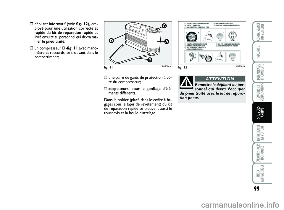Abarth 500 2009  Notice dentretien (in French) 99
TEMOINS ETSIGNALISATION
S
ENTRETIEN DE
LA VOITURE
CARACTERISTIQUESTECHNIQUES
INDEX
ALPHABETIQUE
CONNAISSANCEDU VEHICULE
SECURITE
DEMARRAGE 
ET CONDUITE
S’IL VOUS
ARRIVE
fig. 11F0S084Abfig. 12F0S0