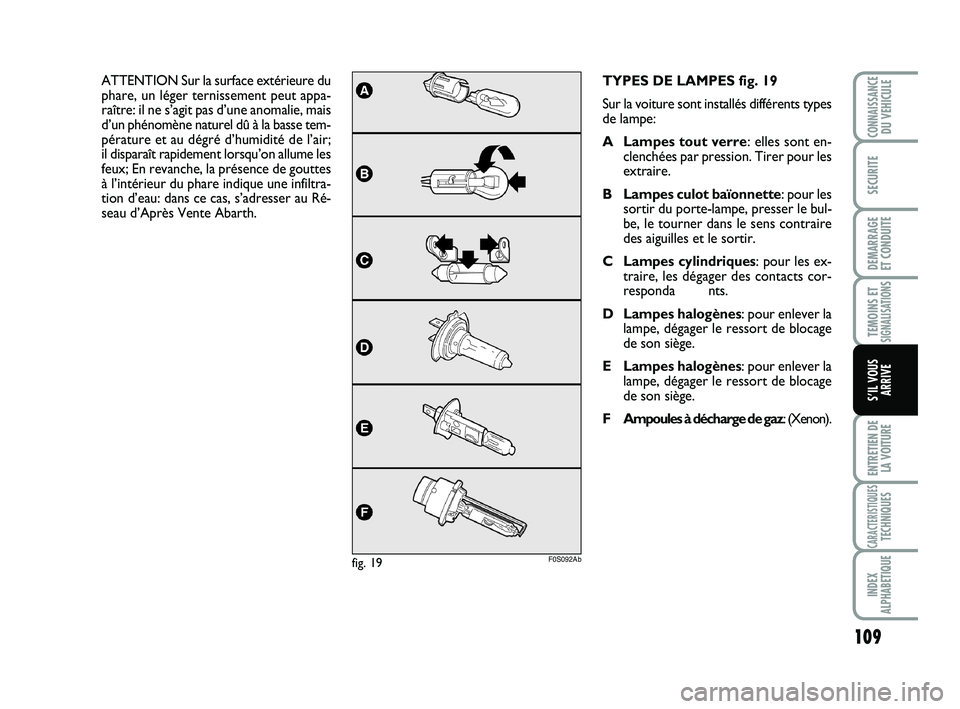 Abarth 500 2012 Notice dentretien (in French) 109
TEMOINS ETSIGNALISATION
S
ENTRETIEN DE
LA VOITURE
CARACTERISTIQUESTECHNIQUES
INDEX
ALPHABETIQUE
CONNAISSANCEDU VEHICULE
SECURITE
DEMARRAGE
ET CONDUITE
S’IL VOUS
ARRIVE
TYPES DE LAMPES fig. 19
S Abarth 500 2012 Notice dentretien (in French) 109
TEMOINS ETSIGNALISATION
S
ENTRETIEN DE
LA VOITURE
CARACTERISTIQUESTECHNIQUES
INDEX
ALPHABETIQUE
CONNAISSANCEDU VEHICULE
SECURITE
DEMARRAGE
ET CONDUITE
S’IL VOUS
ARRIVE
TYPES DE LAMPES fig. 19
S
