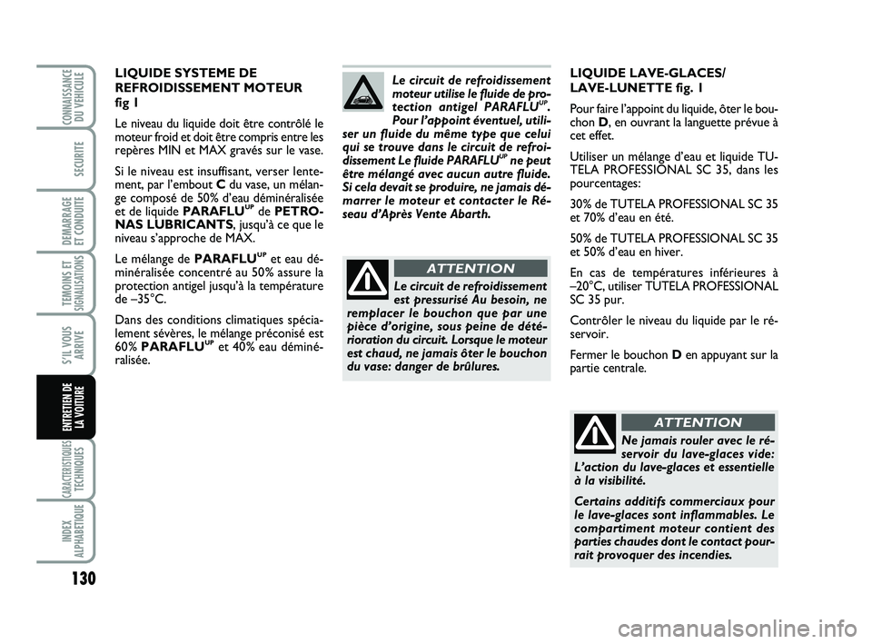 Abarth 500 2012 Notice dentretien (in French) 130
TEMOINS ETSIGNALISATION
S
CARACTERISTIQUESTECHNIQUES
INDEX
ALPHABETIQUE
CONNAISSANCEDU VEHICULE
SECURITE
DEMARRAGE
ET CONDUITE
S’IL VOUS
ARRIVE
ENTRETIEN DE
LA VOITURE
LIQUIDE LAVE-GLACES/
LAV Abarth 500 2012 Notice dentretien (in French) 130
TEMOINS ETSIGNALISATION
S
CARACTERISTIQUESTECHNIQUES
INDEX
ALPHABETIQUE
CONNAISSANCEDU VEHICULE
SECURITE
DEMARRAGE
ET CONDUITE
S’IL VOUS
ARRIVE
ENTRETIEN DE
LA VOITURE
LIQUIDE LAVE-GLACES/
LAV