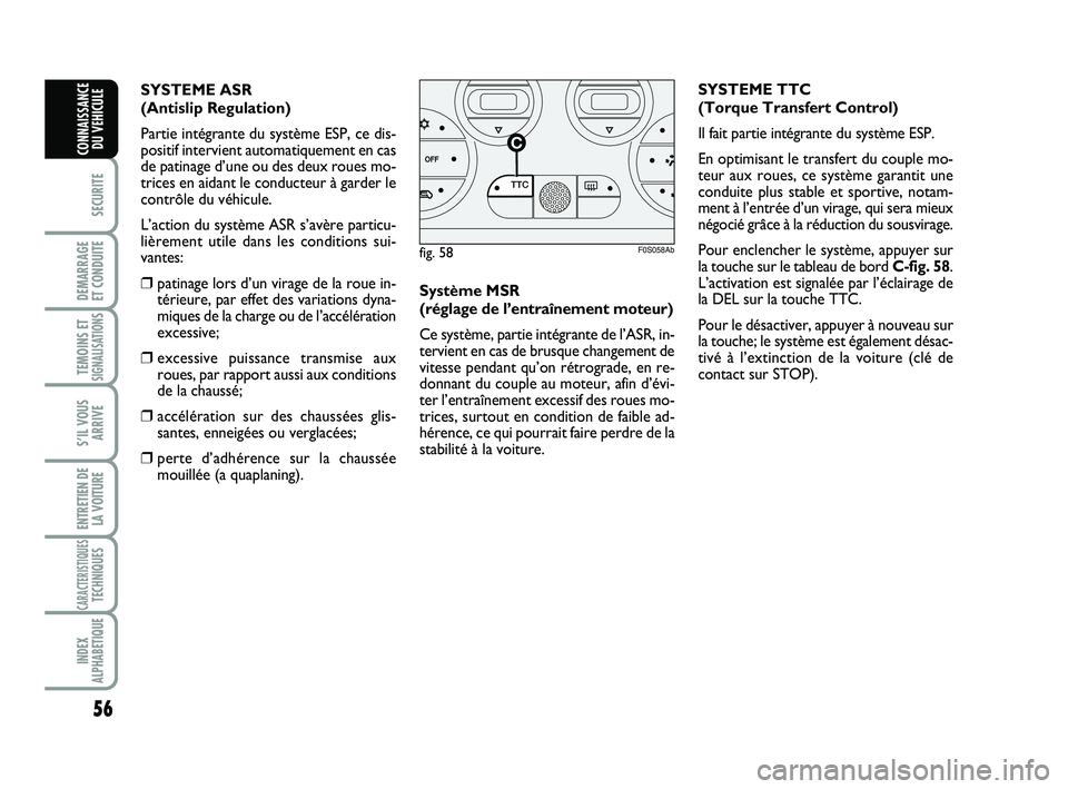 Abarth 500 2012 Notice dentretien (in French) 56
SECURITE
DEMARRAGE
ET CONDUITE
TEMOINS ETSIGNALISATION
S
S’IL VOUS
ARRIVE
ENTRETIEN DE
LA VOITURE
CARACTERISTIQUESTECHNIQUES
INDEX
ALPHABETIQUE
CONNAISSANCE
DU VEHICULE
Système MSR
(réglage d Abarth 500 2012 Notice dentretien (in French) 56
SECURITE
DEMARRAGE
ET CONDUITE
TEMOINS ETSIGNALISATION
S
S’IL VOUS
ARRIVE
ENTRETIEN DE
LA VOITURE
CARACTERISTIQUESTECHNIQUES
INDEX
ALPHABETIQUE
CONNAISSANCE
DU VEHICULE
Système MSR
(réglage d