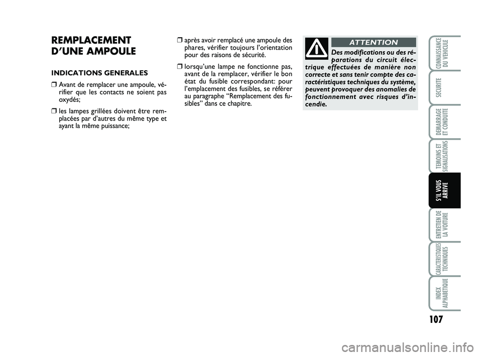 Abarth 500 2014 Notice dentretien (in French) 107
TEMOINS ETSIGNALISATION
S
ENTRETIEN DE
LA VOITURE
CARACTERISTIQUESTECHNIQUES
INDEX
ALPHABETIQUE
CONNAISSANCEDU VEHICULE
SECURITE
DEMARRAGE
ET CONDUITE
S’IL VOUS
ARRIVE
REMPLACEMENT
D’UNE AMP Abarth 500 2014 Notice dentretien (in French) 107
TEMOINS ETSIGNALISATION
S
ENTRETIEN DE
LA VOITURE
CARACTERISTIQUESTECHNIQUES
INDEX
ALPHABETIQUE
CONNAISSANCEDU VEHICULE
SECURITE
DEMARRAGE
ET CONDUITE
S’IL VOUS
ARRIVE
REMPLACEMENT
D’UNE AMP