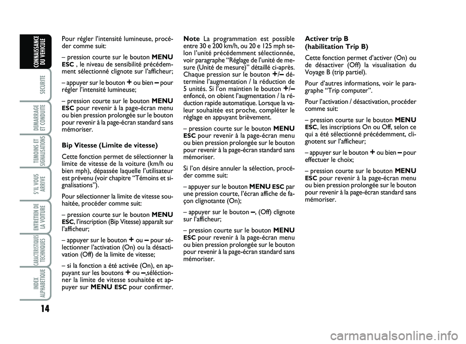 Abarth 500 2013 Notice dentretien (in French) 14
SECURITE
DEMARRAGE
ET CONDUITE
TEMOINS ETSIGNALISATION
S
S’IL VOUS
ARRIVE
ENTRETIEN DE
LA VOITURE
CARACTERISTIQUESTECHNIQUES
INDEX
ALPHABETIQUE
CONNAISSANCE
DU VEHICULE
Pour régler l’intensit Abarth 500 2013 Notice dentretien (in French) 14
SECURITE
DEMARRAGE
ET CONDUITE
TEMOINS ETSIGNALISATION
S
S’IL VOUS
ARRIVE
ENTRETIEN DE
LA VOITURE
CARACTERISTIQUESTECHNIQUES
INDEX
ALPHABETIQUE
CONNAISSANCE
DU VEHICULE
Pour régler l’intensit