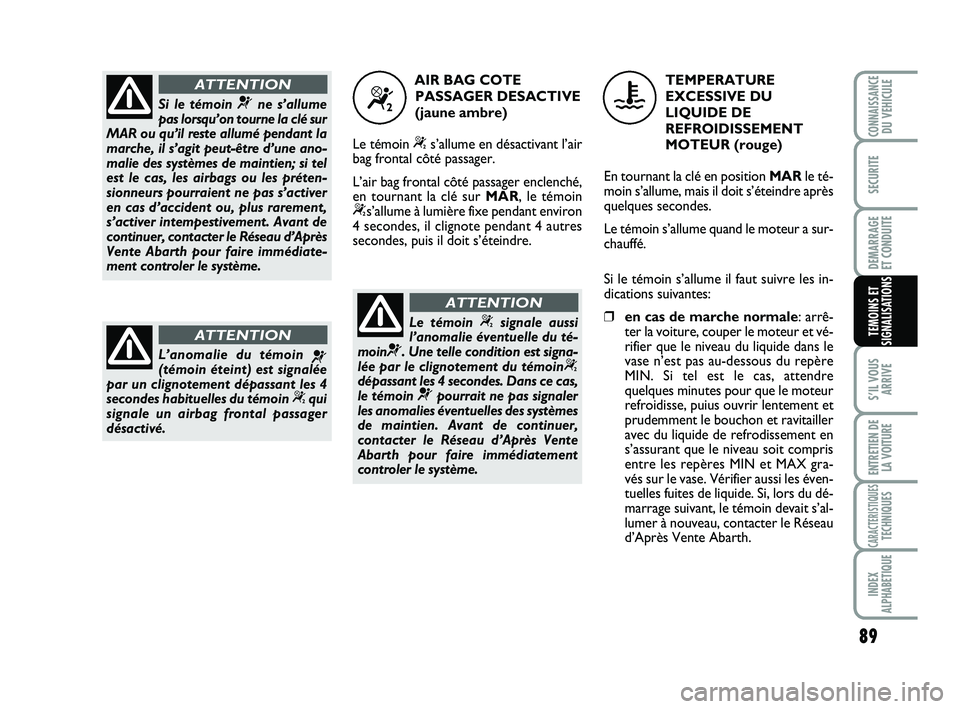 Abarth 500 2013  Notice dentretien (in French) 89
S’IL VOUS
ARRIVE
ENTRETIEN DE
LA VOITURE
CARACTERISTIQUESTECHNIQUES
INDEX
ALPHABETIQUE
CONNAISSANCEDU VEHICULE
SECURITE
DEMARRAGE 
ET CONDUITE
TEMOINS ET
SIGNALISATIONS
Si le témoin ¬ne s’all