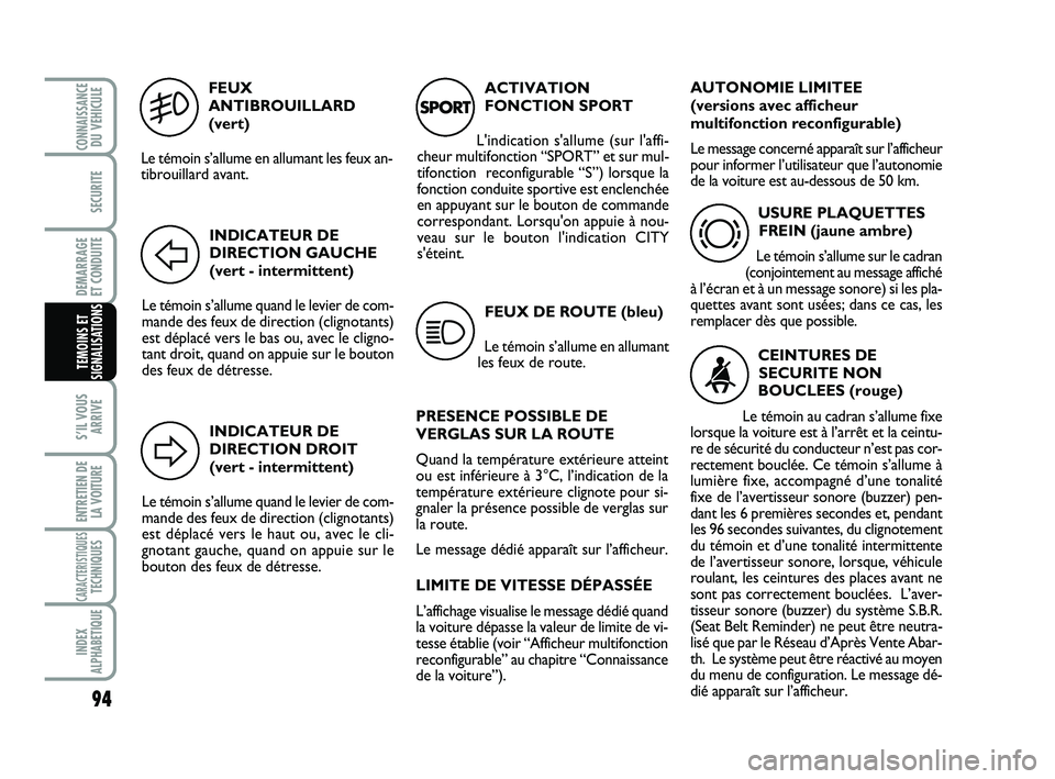 Abarth 500 2013  Notice dentretien (in French) FEUX
ANTIBROUILLARD
(vert)
Le témoin s’allume en allumant les feux an-
tibrouillard avant.
5
INDICATEUR DE
DIRECTION GAUCHE
(vert - intermittent)
Le témoin s’allume quand le levier de com-
mande