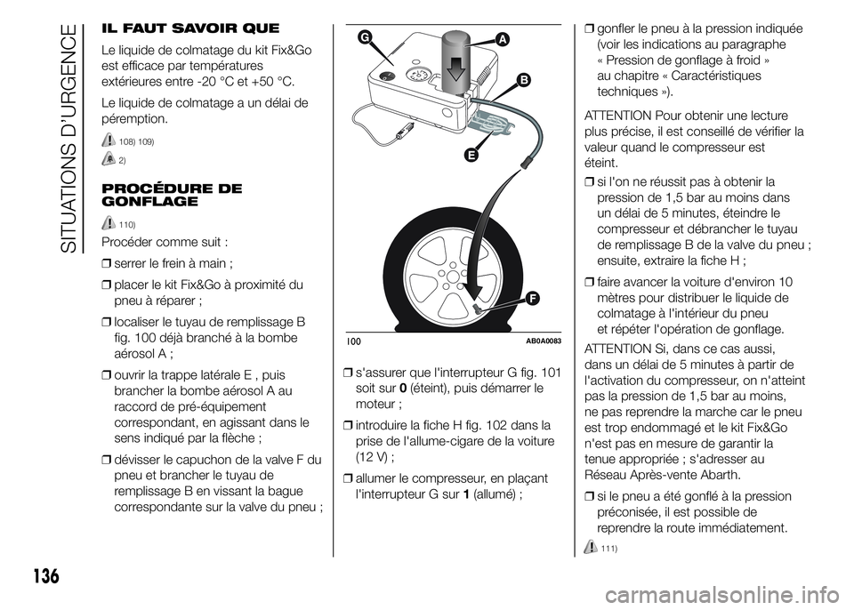 Abarth 500 2016 Notice dentretien (in French) IL FAUT SAVOIR QUE
Le liquide de colmatage du kit Fix&Go
est efficace par températures
extérieures entre -20 °C et +50 °C.
Le liquide de colmatage a un délai de
péremption.
108) 109)
2)
PROCÉDU Abarth 500 2016 Notice dentretien (in French) IL FAUT SAVOIR QUE
Le liquide de colmatage du kit Fix&Go
est efficace par températures
extérieures entre -20 °C et +50 °C.
Le liquide de colmatage a un délai de
péremption.
108) 109)
2)
PROCÉDU