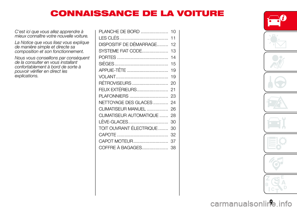 Abarth 500 2017  Notice dentretien (in French) CONNAISSANCE DE LA VOITURE
C'est ici que vous allez apprendre à
mieux connaître votre nouvelle voiture.
La Notice que vous lisez vous explique
de manière simple et directe sa
composition et son