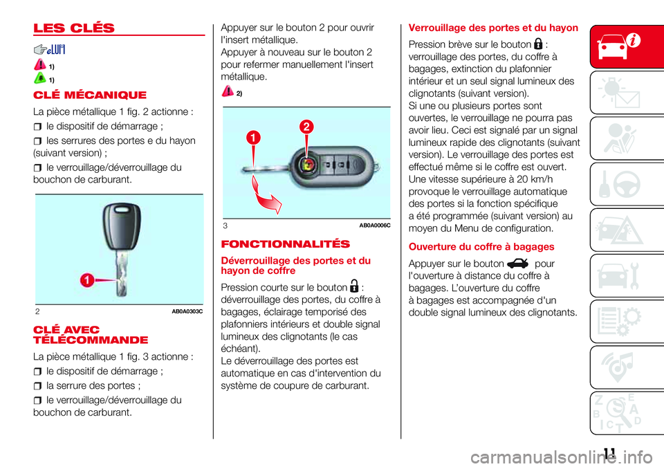 Abarth 500 2017  Notice dentretien (in French) LES CLÉS
1)
1)
CLÉ MÉCANIQUE
La pièce métallique 1 fig. 2 actionne :
le dispositif de démarrage ;
les serrures des portes e du hayon
(suivant version) ;
le verrouillage/déverrouillage du
boucho
