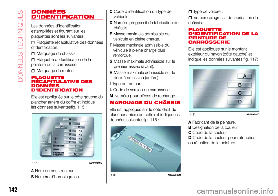 Abarth 500 2017  Notice dentretien (in French) DONNÉES
D'IDENTIFICATION
Les données d'identification
estampillées et figurant sur les
plaquettes sont les suivantes :
Plaquette récapitulative des données
d'identification.
Marquage 