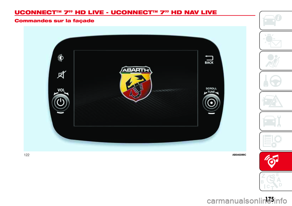 Abarth 500 2017  Notice dentretien (in French) UCONNECT™ 7” HD LIVE - UCONNECT™ 7” HD NAV LIVE.
Commandes sur la façade
122AB0A0399C
175 