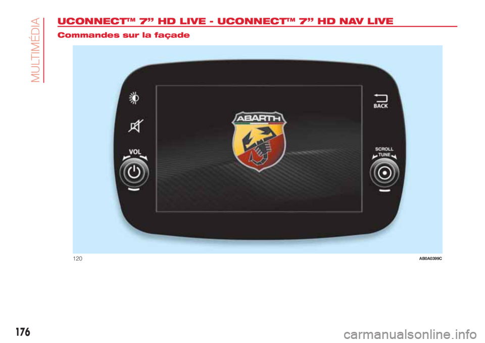 Abarth 500 2018  Notice dentretien (in French) 176
MULTIMÉDIA
UCONNECT™ 7” HD LIVE - UCONNECT™ 7” HD NAV LIVE.
Commandes sur la façade
120AB0A0399C 