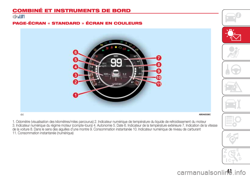 Abarth 500 2018  Notice dentretien (in French) COMBINÉ ET INSTRUMENTS DE BORD
.
PAGE-ÉCRAN « STANDARD » ÉCRAN EN COULEURS
1. Odomètre (visualisation des kilomètres/miles parcourus) 2. Indicateur numérique de température du liquide de refr