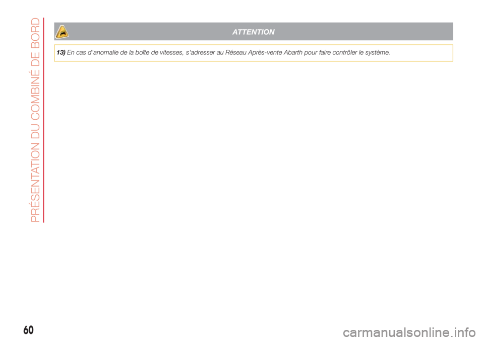 Abarth 500 2018  Notice dentretien (in French) ATTENTION
13)En cas d'anomalie de la boîte de vitesses, s'adresser au Réseau Après-vente Abarth pour faire contrôler le système.
60
PRÉSENTATION DU COMBINÉ DE BORD 