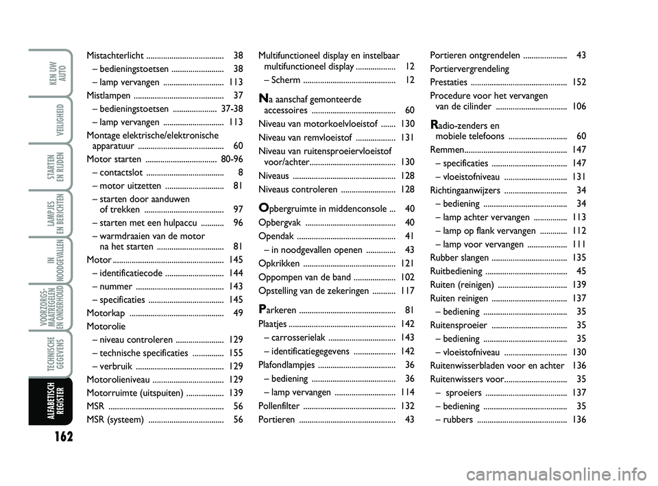 Abarth 500 2011 Instructieboek (in Dutch) 162
STARTEN
EN RIJDEN
ALFABETISCH
REGISTER
KEN UW
AUTO
VEILIGHEID
LAMPJES
EN BERICHTEN
IN
NOODGEVALLEN
VOORZORGS-
MAATREGELEN
EN ONDERHOUD
TECHNISCHE
GEGEVENS
Multifunctioneel display en instelbaar
Abarth 500 2011 Instructieboek (in Dutch) 162
STARTEN
EN RIJDEN
ALFABETISCH
REGISTER
KEN UW
AUTO
VEILIGHEID
LAMPJES
EN BERICHTEN
IN
NOODGEVALLEN
VOORZORGS-
MAATREGELEN
EN ONDERHOUD
TECHNISCHE
GEGEVENS
Multifunctioneel display en instelbaar