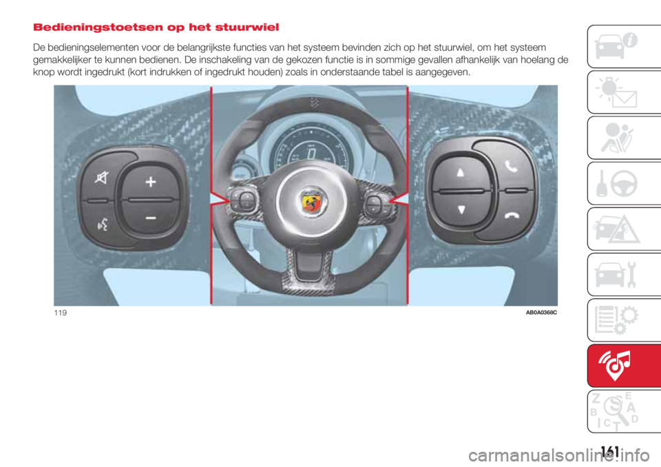 Abarth 500 2018  Instructieboek (in Dutch) Bedieningstoetsen op het stuurwiel
De bedieningselementen voor de belangrijkste functies van het systeem bevinden zich op het stuurwiel, om het systeem
gemakkelijker te kunnen bedienen. De inschakelin