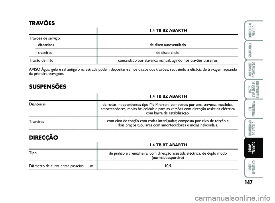 Abarth 500 2009 Manual de Uso e Manutenção (in Portuguese) 147
LUZES
AVISADORAS
E MENSAGENS
ÍNDICE
ALFABÉTICO
CONHECER O
VEÍCULO
SEGURANÇA
ARRANQUE
E CONDUÇÃO
EM
EMERGÊNCIA
MANUTENÇÃO
DO VEÍCULO
DADOS
TÉCNICOS
SUSPENSÕES
1.4 TB BZ ABARTH
Diantei Abarth 500 2009 Manual de Uso e Manutenção (in Portuguese) 147
LUZES
AVISADORAS
E MENSAGENS
ÍNDICE
ALFABÉTICO
CONHECER O
VEÍCULO
SEGURANÇA
ARRANQUE
E CONDUÇÃO
EM
EMERGÊNCIA
MANUTENÇÃO
DO VEÍCULO
DADOS
TÉCNICOS
SUSPENSÕES
1.4 TB BZ ABARTH
Diantei