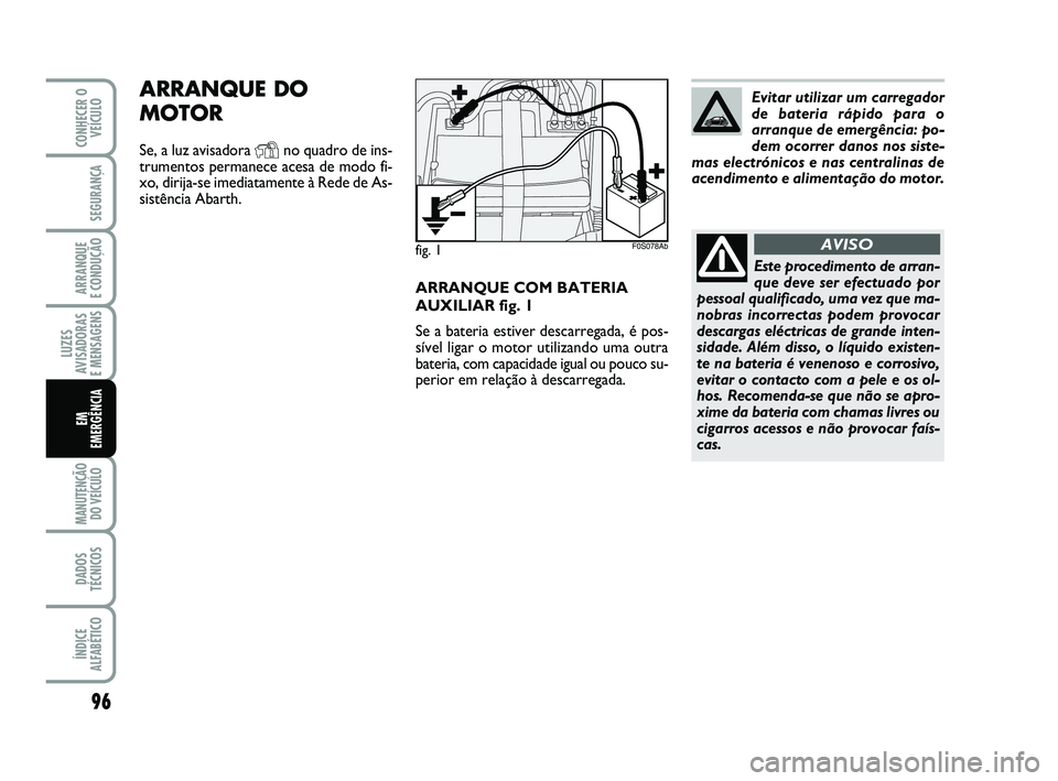 Abarth 500 2009 Manual de Uso e Manutenção (in Portuguese) ARRANQUE COM BATERIA
AUXILIAR fig. 1
Se a bateria estiver descarregada, é pos-
sível ligar o motor utilizando uma outra
bateria, com capacidade igual ou pouco su-
perior em relação à descarregada Abarth 500 2009 Manual de Uso e Manutenção (in Portuguese) ARRANQUE COM BATERIA
AUXILIAR fig. 1
Se a bateria estiver descarregada, é pos-
sível ligar o motor utilizando uma outra
bateria, com capacidade igual ou pouco su-
perior em relação à descarregada