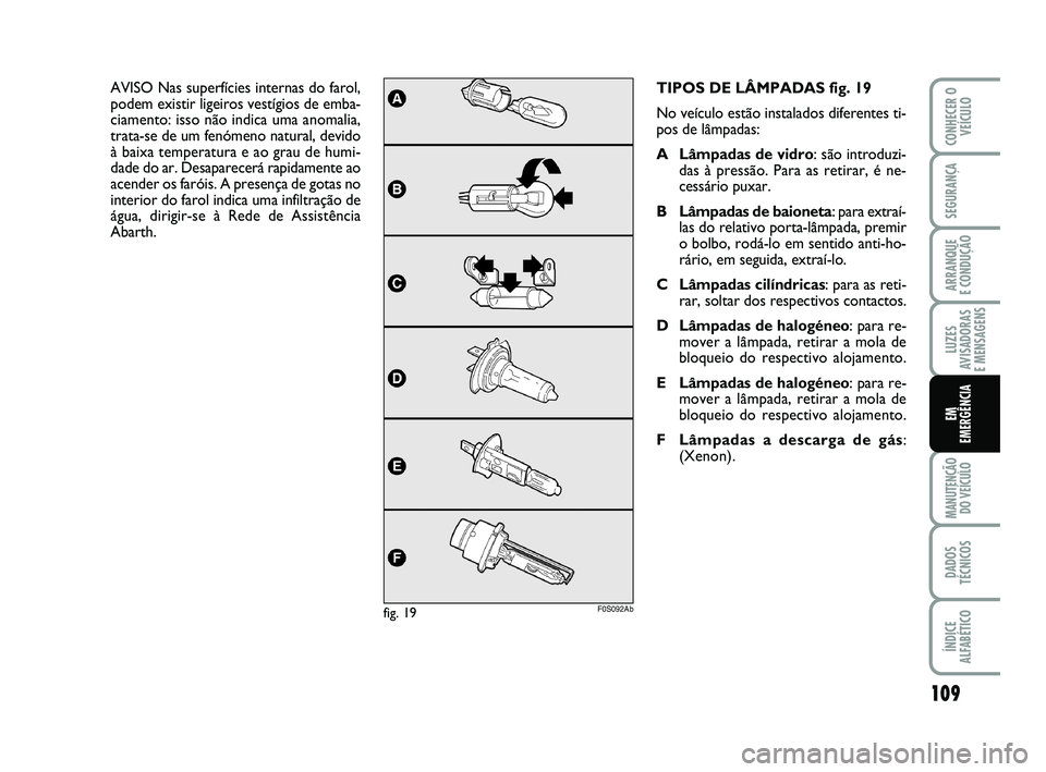 Abarth 500 2012  Manual de Uso e Manutenção (in Portuguese) 109
LUZES
AVISADORAS 
E MENSAGENS
MANUTENÇÃO
DO VEÍCULO
DADOS
TÉCNICOS
ÍNDICE
ALFABÉTICO
CONHECER O
VEÍCULO
SEGURANÇA
ARRANQUE 
E CONDUÇÃO
EM
EMERGÊNCIA
TIPOS DE LÂMPADAS fig. 19
No veícu