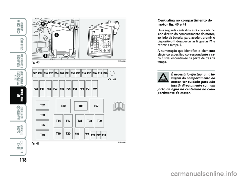 Abarth 500 2012  Manual de Uso e Manutenção (in Portuguese) 118
LUZES
AVISADORAS 
E MENSAGENS
MANUTENÇÃO
DO VEÍCULO 
DADOS
TÉCNICOS
ÍNDICE
ALFABÉTICO
CONHECER O
VEÍCULO
SEGURANÇA
ARRANQUE 
E CONDUÇÃO
EM 
EMERGÊNCIA
Centralina no compartimento do
mot