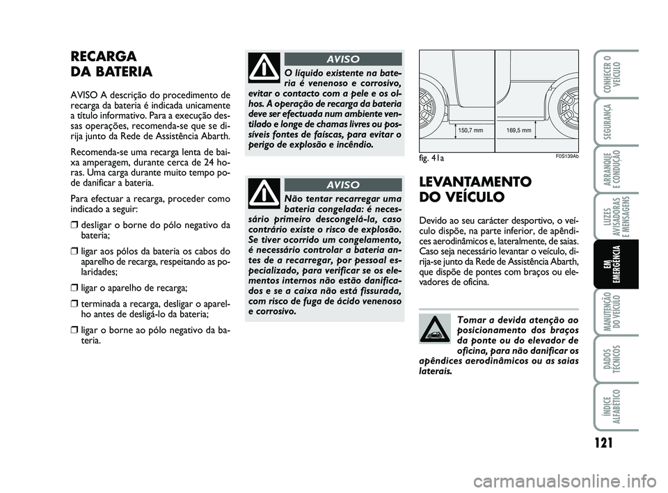 Abarth 500 2012 Manual de Uso e Manutenção (in Portuguese) 121
LUZES
AVISADORAS
E MENSAGENS
MANUTENÇÃO
DO VEÍCULO
DADOS
TÉCNICOS
ÍNDICE
ALFABÉTICO
CONHECER O
VEÍCULO
SEGURANÇA
ARRANQUE
E CONDUÇÃO
EM
EMERGÊNCIA
RECARGA
DA BATERIA
AVISO A descriç Abarth 500 2012 Manual de Uso e Manutenção (in Portuguese) 121
LUZES
AVISADORAS
E MENSAGENS
MANUTENÇÃO
DO VEÍCULO
DADOS
TÉCNICOS
ÍNDICE
ALFABÉTICO
CONHECER O
VEÍCULO
SEGURANÇA
ARRANQUE
E CONDUÇÃO
EM
EMERGÊNCIA
RECARGA
DA BATERIA
AVISO A descriç
