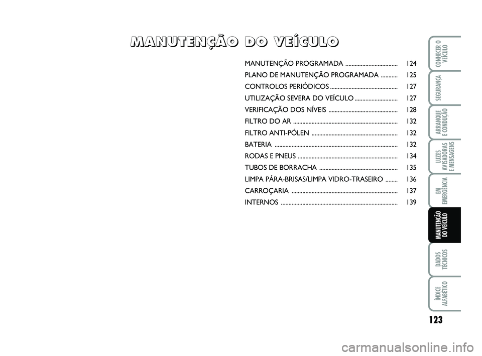 Abarth 500 2012 Manual de Uso e Manutenção (in Portuguese) 123
LUZES
AVISADORAS
E MENSAGENS
DADOS
TÉCNICOS
ÍNDICE
ALFABÉTICO
CONHECER O
VEÍCULO
SEGURANÇA
ARRANQUE
E CONDUÇÃO
EM
EMERGÊNCIA
MANUTENÇÃO
DO VEÍCULO
MANUTENÇÃO PROGRAMADA ........... Abarth 500 2012 Manual de Uso e Manutenção (in Portuguese) 123
LUZES
AVISADORAS
E MENSAGENS
DADOS
TÉCNICOS
ÍNDICE
ALFABÉTICO
CONHECER O
VEÍCULO
SEGURANÇA
ARRANQUE
E CONDUÇÃO
EM
EMERGÊNCIA
MANUTENÇÃO
DO VEÍCULO
MANUTENÇÃO PROGRAMADA ...........
