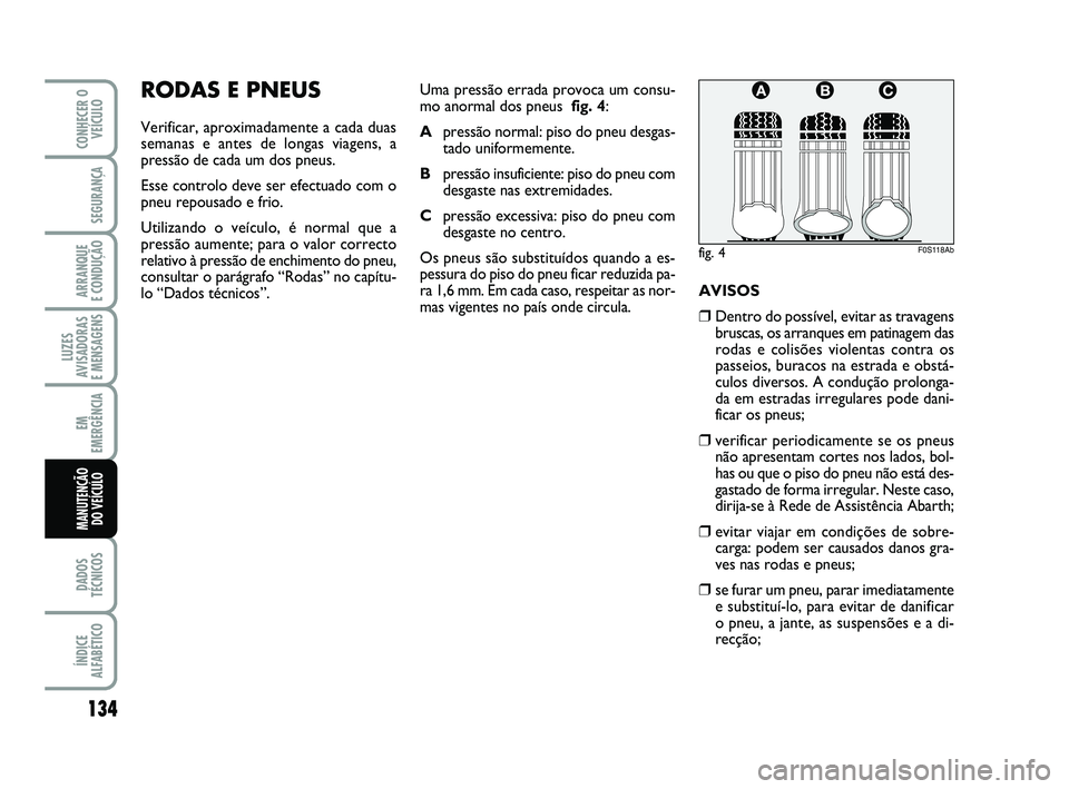 Abarth 500 2012  Manual de Uso e Manutenção (in Portuguese) 134
LUZES
AVISADORAS 
E MENSAGENS
DADOS
TÉCNICOS
ÍNDICE
ALFABÉTICO
CONHECER O
VEÍCULO
SEGURANÇA
ARRANQUE 
E CONDUÇÃO
EM
EMERGÊNCIA
MANUTENÇÃO 
DO VEÍCULO
RODAS E PNEUS
Verificar, aproximada