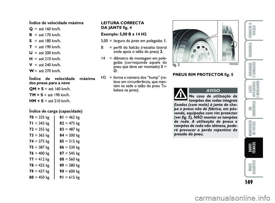 Abarth 500 2012 Manual de Uso e Manutenção (in Portuguese) LEITURA CORRECTA
DA JANTE fig. 4
Exemplo: 5,00 B x 14 H2
5,00 = largura da jante em polegadas 1.
B = perfil do balcão (ressalto lateral
onde apoia o talão do pneu) 2.
14 = diâmetro de montagem em Abarth 500 2012 Manual de Uso e Manutenção (in Portuguese) LEITURA CORRECTA
DA JANTE fig. 4
Exemplo: 5,00 B x 14 H2
5,00 = largura da jante em polegadas 1.
B = perfil do balcão (ressalto lateral
onde apoia o talão do pneu) 2.
14 = diâmetro de montagem em