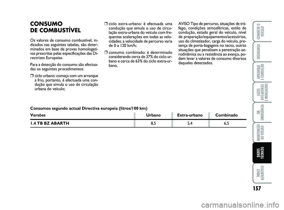 Abarth 500 2012  Manual de Uso e Manutenção (in Portuguese) ❒ciclo extra-urbano: é efectuada uma
condução que simula o uso de circu-
lação extra-urbana do veículo com fre-
quentes acelerações em todas as velo-
cidades; a velocidade de percurso varia
