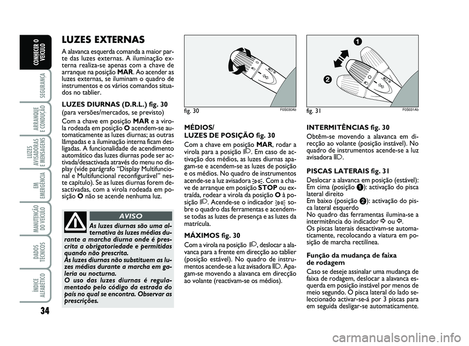 Abarth 500 2012 Manual de Uso e Manutenção (in Portuguese) 34
SEGURANÇA
ARRANQUE
E CONDUÇÃO
LUZES
AVISADORAS
E MENSAGENS
EM
EMERGÊNCIA
MANUTENÇÃO
DO VEÍCULO
DADOS
TÉCNICOS
ÍNDICE
ALFABÉTICO
CONHECER O
VEÍCULO
MÉDIOS/
LUZES DE POSIÇÃO fig. 30
C Abarth 500 2012 Manual de Uso e Manutenção (in Portuguese) 34
SEGURANÇA
ARRANQUE
E CONDUÇÃO
LUZES
AVISADORAS
E MENSAGENS
EM
EMERGÊNCIA
MANUTENÇÃO
DO VEÍCULO
DADOS
TÉCNICOS
ÍNDICE
ALFABÉTICO
CONHECER O
VEÍCULO
MÉDIOS/
LUZES DE POSIÇÃO fig. 30
C