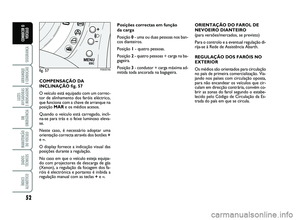 Abarth 500 2012 Manual de Uso e Manutenção (in Portuguese) 52
SEGURANÇA
ARRANQUE
E CONDUÇÃO
LUZES
AVISADORAS
E MENSAGENS
EM
EMERGÊNCIA
MANUTENÇÃO
DO VEÍCULO
DADOS
TÉCNICOS
ÍNDICE
ALFABÉTICO
CONHECER O
VEÍCULO
COMPENSAÇÃO DA
INCLINAÇÃO fig. 57 Abarth 500 2012 Manual de Uso e Manutenção (in Portuguese) 52
SEGURANÇA
ARRANQUE
E CONDUÇÃO
LUZES
AVISADORAS
E MENSAGENS
EM
EMERGÊNCIA
MANUTENÇÃO
DO VEÍCULO
DADOS
TÉCNICOS
ÍNDICE
ALFABÉTICO
CONHECER O
VEÍCULO
COMPENSAÇÃO DA
INCLINAÇÃO fig. 57