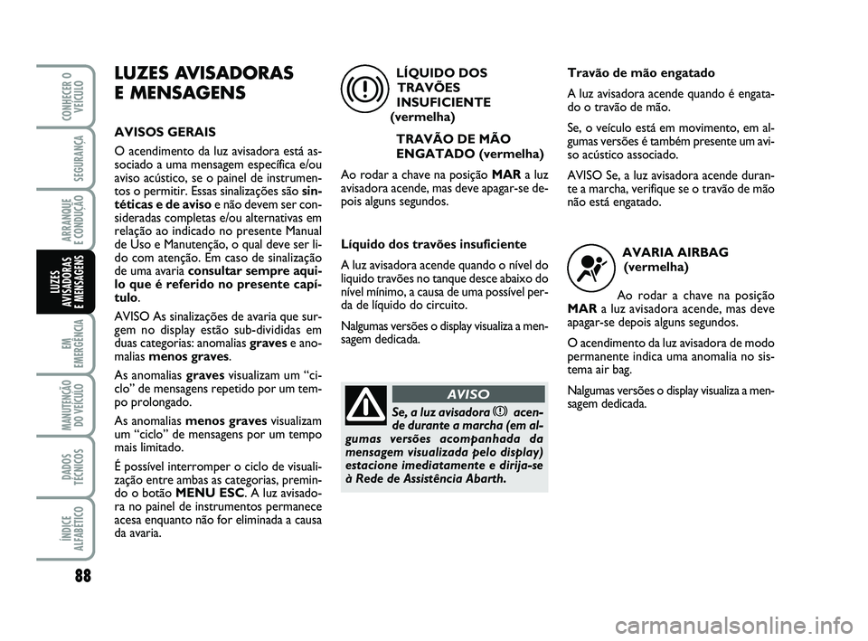 Abarth 500 2012 Manual de Uso e Manutenção (in Portuguese) 88
EM
EMERGÊNCIA
MANUTENÇÃO
DO VEÍCULO
DADOS
TÉCNICOS
ÍNDICE
ALFABÉTICO
CONHECER O
VEÍCULO
SEGURANÇA
ARRANQUE
E CONDUÇÃO
LUZES
AVISADORAS
E MENSAGENS
LUZES AVISADORAS
E MENSAGENS
AVISOS Abarth 500 2012 Manual de Uso e Manutenção (in Portuguese) 88
EM
EMERGÊNCIA
MANUTENÇÃO
DO VEÍCULO
DADOS
TÉCNICOS
ÍNDICE
ALFABÉTICO
CONHECER O
VEÍCULO
SEGURANÇA
ARRANQUE
E CONDUÇÃO
LUZES
AVISADORAS
E MENSAGENS
LUZES AVISADORAS
E MENSAGENS
AVISOS