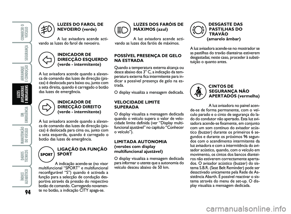 Abarth 500 2012 Manual de Uso e Manutenção (in Portuguese) LUZES DO FAROL DE
NEVOEIRO (verde)
A luz avisadora acende acti-
vando as luzes do farol de nevoeiro.
5
INDICADOR DE
DIRECÇÃO ESQUERDO
(verde - intermitente)
A luz avisadora acende quando a alavan-
c Abarth 500 2012 Manual de Uso e Manutenção (in Portuguese) LUZES DO FAROL DE
NEVOEIRO (verde)
A luz avisadora acende acti-
vando as luzes do farol de nevoeiro.
5
INDICADOR DE
DIRECÇÃO ESQUERDO
(verde - intermitente)
A luz avisadora acende quando a alavan-
c